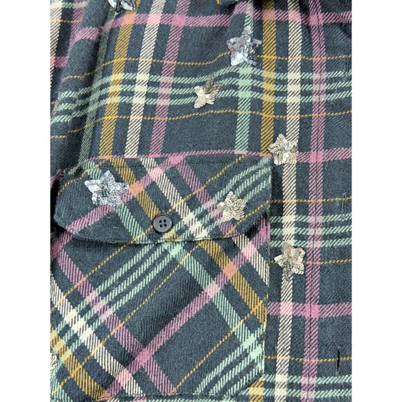 Free People Charcoal Gray Plaid Embellished w/ Sequin Stars Shirts Sz Small - Picture 5 of 7